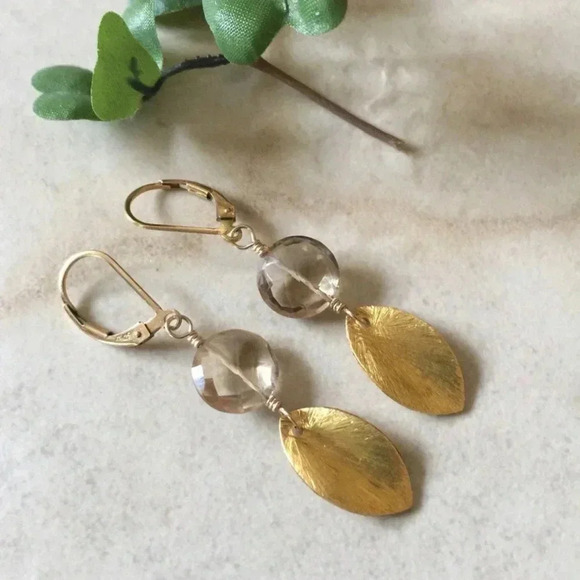 Andie MacDowell,Champagne Quartz,18Kt Gold Filled Leaf Earrings - Picture 2 of 3